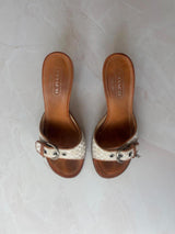 Coach US 6 White and Cream Logo Peep Toe Kitten Heel Sandal