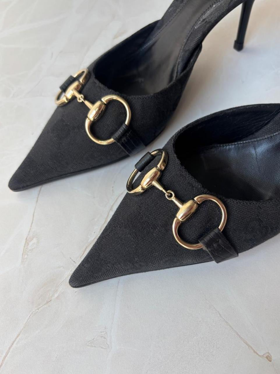 Gucci US 6 Black GG Monogram Canvas Pointed Toe Mule
