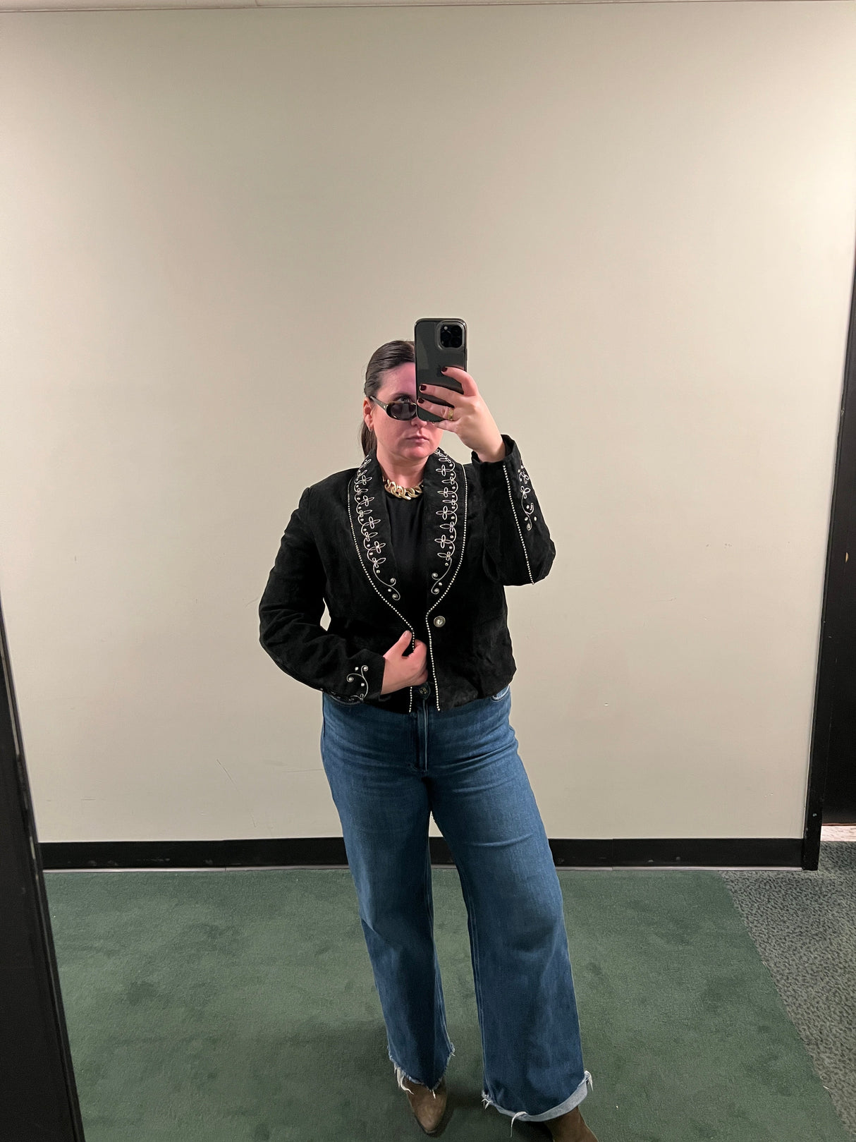 Black Genuine Suede Cropped Rhinestone Bolero size Large