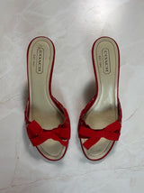Coach US 6.5 Cherry Red Suede Bow Open Toe Kitten Heel Mule