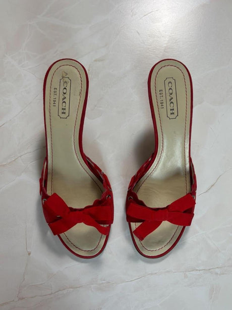Coach US 6.5 Cherry Red Suede Bow Open Toe Kitten Heel Mule