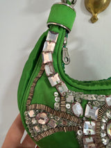 Rare Archival Chloé “Bracelet Bag” in Green Satin with hand stitched crystal beaded details