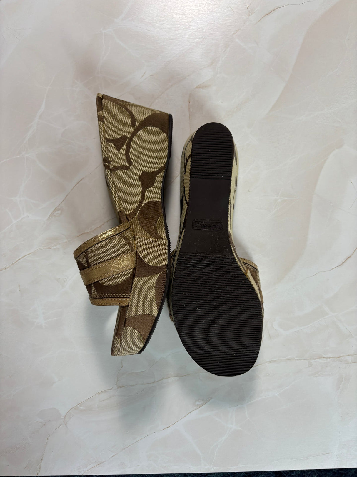 Coach US 7.5 Tan and Brown Monogram Canvas Open-toe Wedge Slide