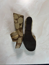 Coach US 7.5 Tan and Brown Monogram Canvas Open-toe Wedge Slide