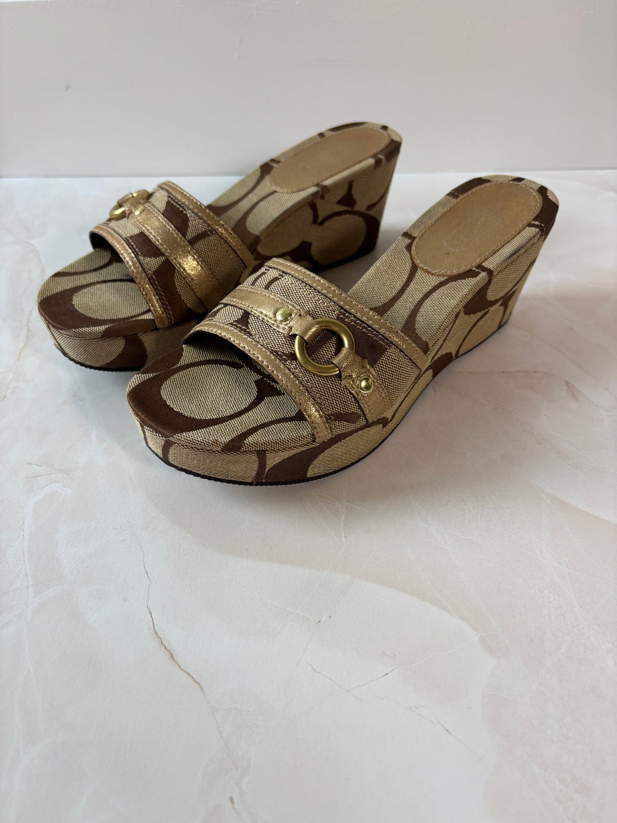 Coach US 7.5 Tan and Brown Monogram Canvas Open-toe Wedge Slide