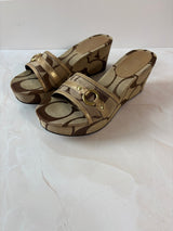 Coach US 7.5 Tan and Brown Monogram Canvas Open-toe Wedge Slide