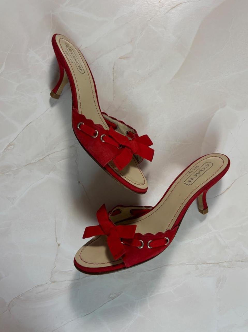 Coach US 6.5 Cherry Red Suede Bow Open Toe Kitten Heel Mule