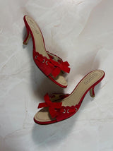 Coach US 6.5 Cherry Red Suede Bow Open Toe Kitten Heel Mule