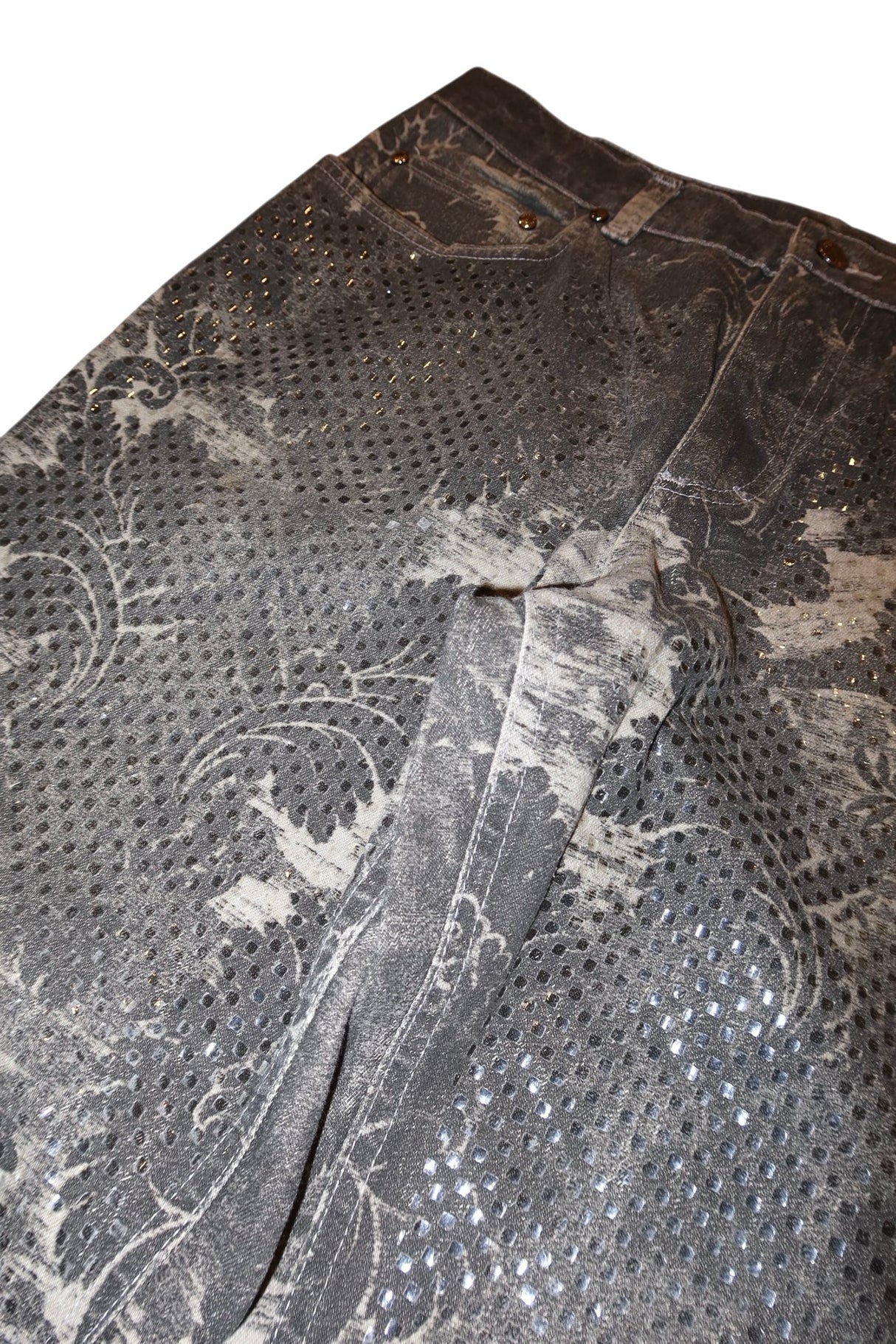 Roberto Cavalli gray jeans with baroque and metallic print (M)