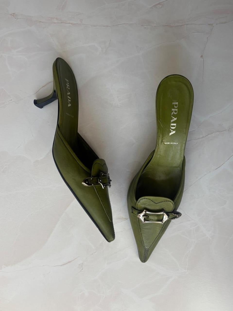Prada EU 36 Olive Green Leather Pointed-toe Mule