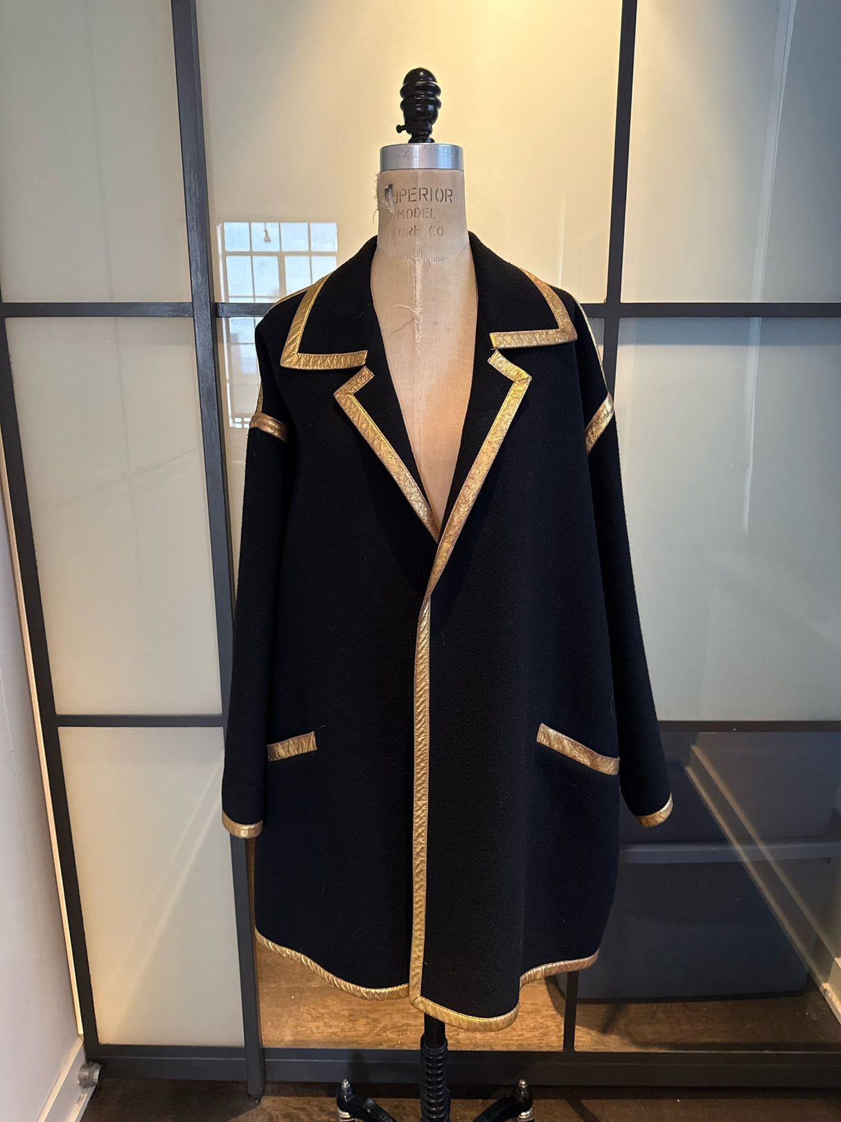 Donna Karan Black Wool Gold Leather Trim Coat Vintge