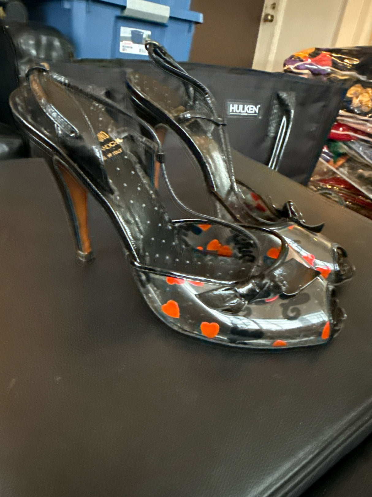 Moschino 38 1/2 Black & Red PVC & Leather Trim Heart Slingbacks Heels Shoes