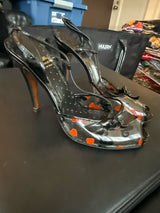 Moschino 38 1/2 Black & Red PVC & Leather Trim Heart Slingbacks Heels Shoes