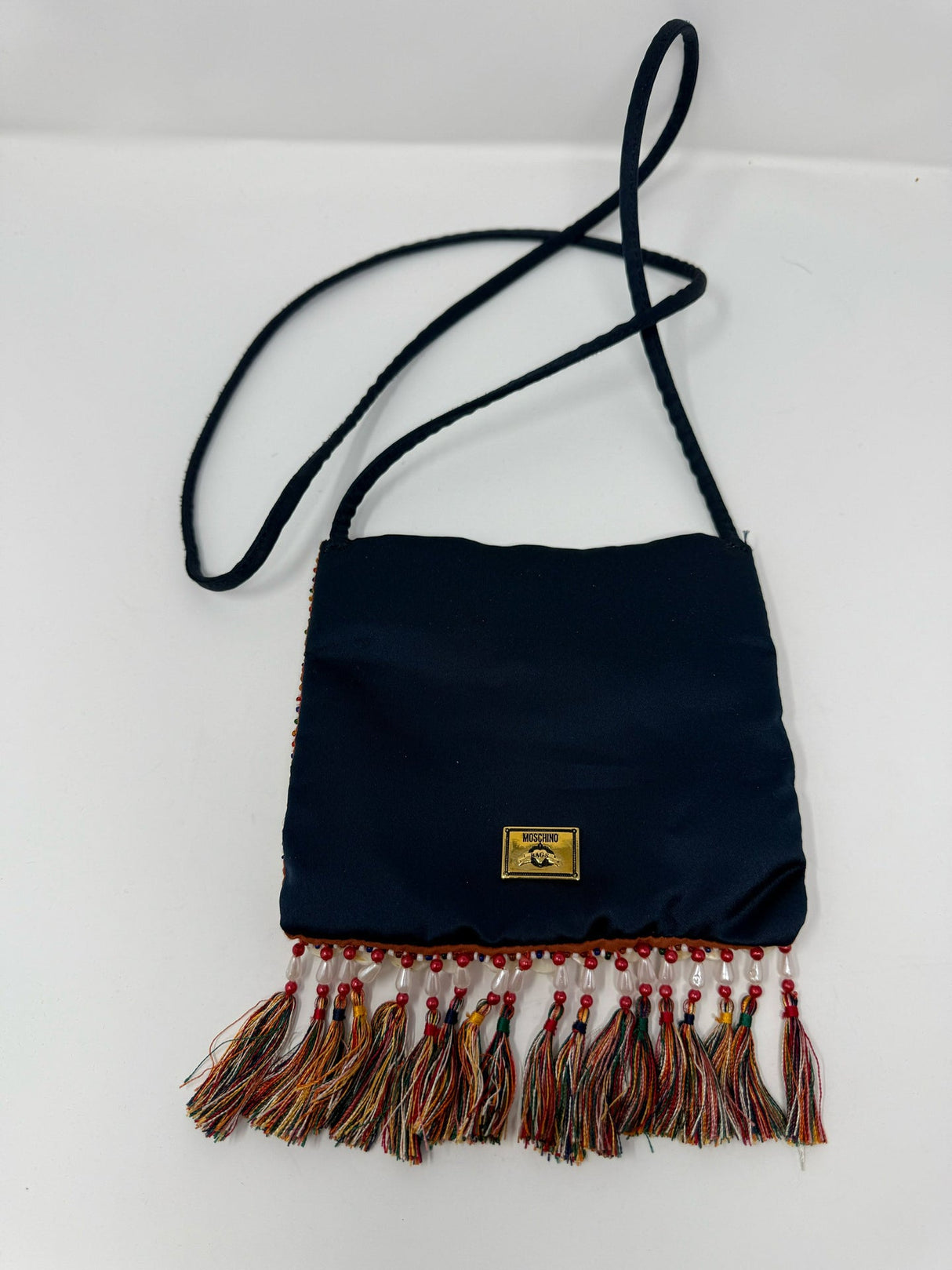 Moschino Navy Satin Beaded Button Crossbody Bag