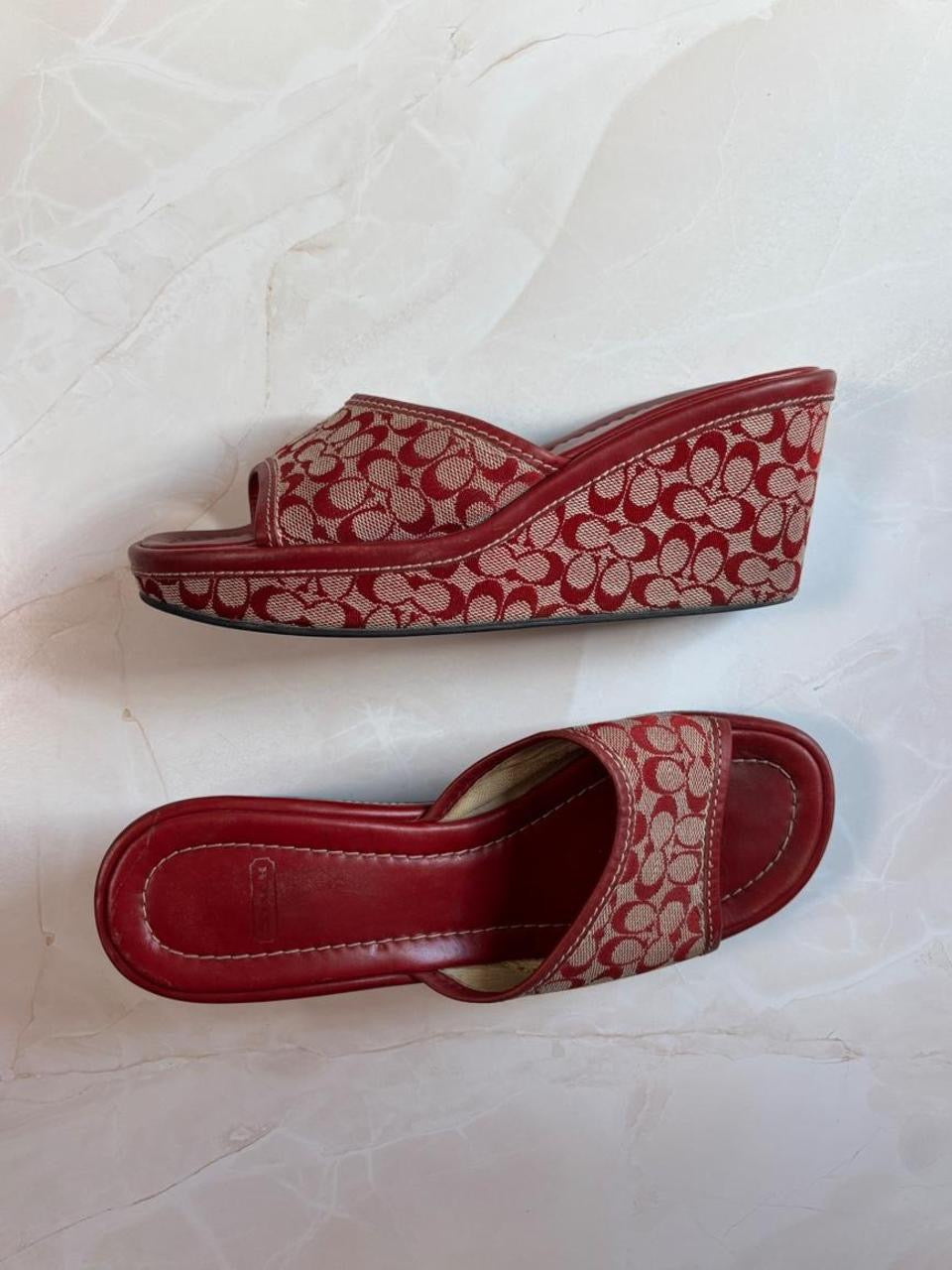Coach US 7 Red Signature C Monogram Canvas Open Toe Platform Wedge Slide