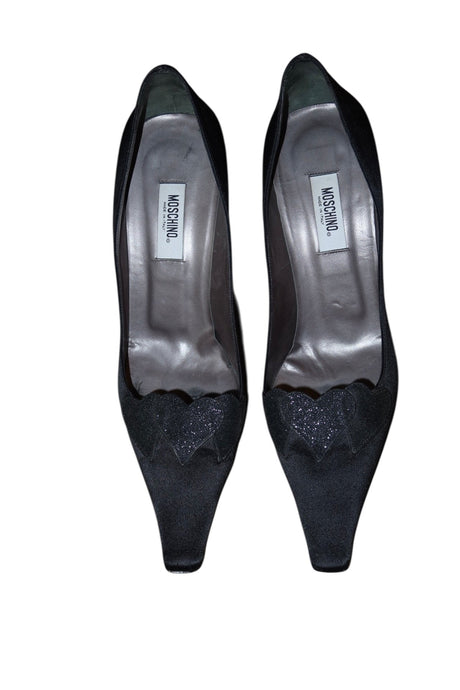 Moschino black satin heels with glitter hearts (39.5)