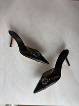 Gucci US 7.5 Black Leather Pointed Toe GG Buckle Mule
