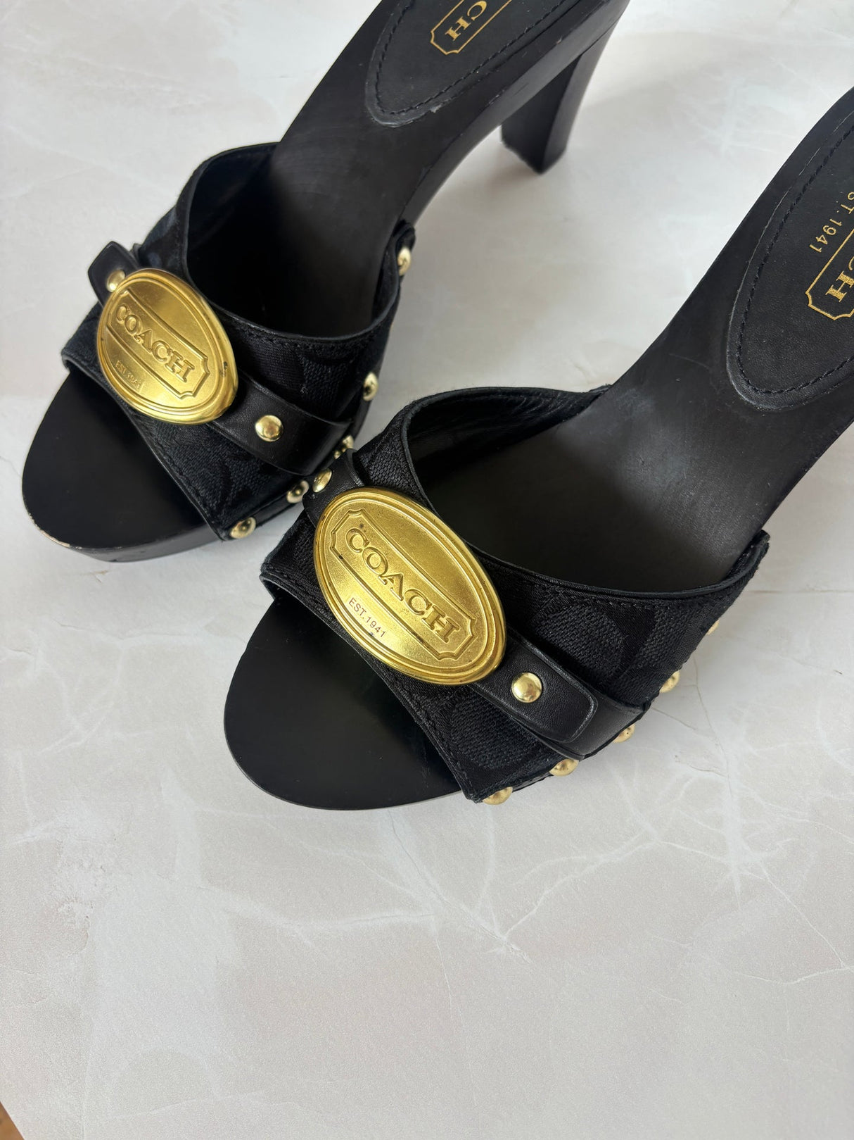Coach US 8 Black Fabric and Leather Block Heel Mule