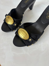 Coach US 8 Black Fabric and Leather Block Heel Mule