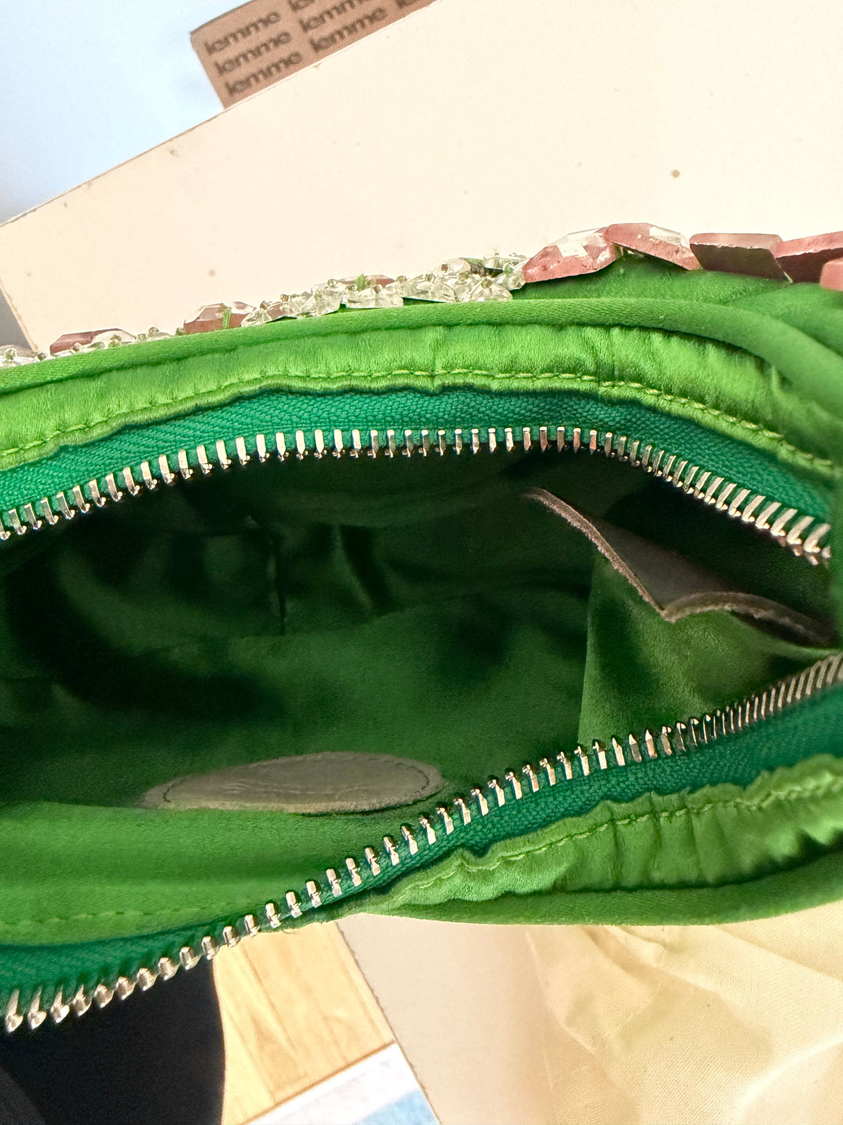 Rare Archival Chloé “Bracelet Bag” in Green Satin with hand stitched crystal beaded details