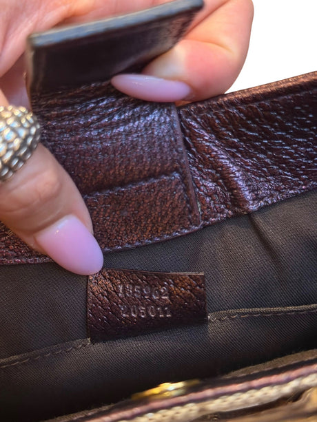 Gucci GG canvas burgundy leather trim bag with bamboo ring detail
