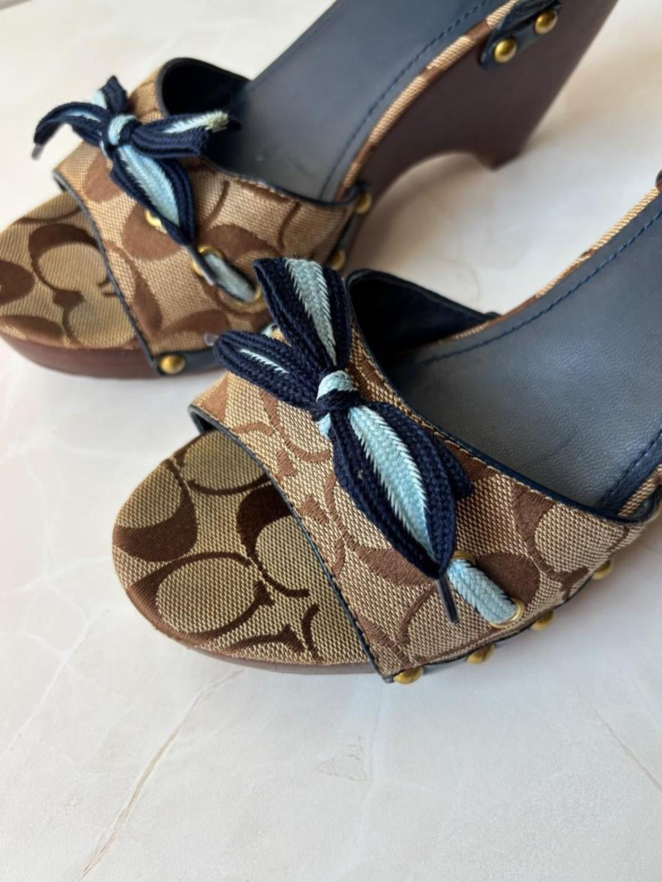 Coach US 9 Tan/brown Monogram C Canvas Open Toe Wooden Wedge