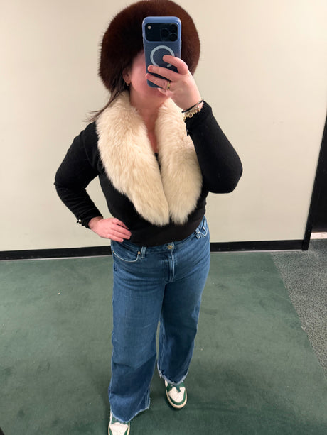Vintage fox fur black sweater bolero with pearl details on sleeves