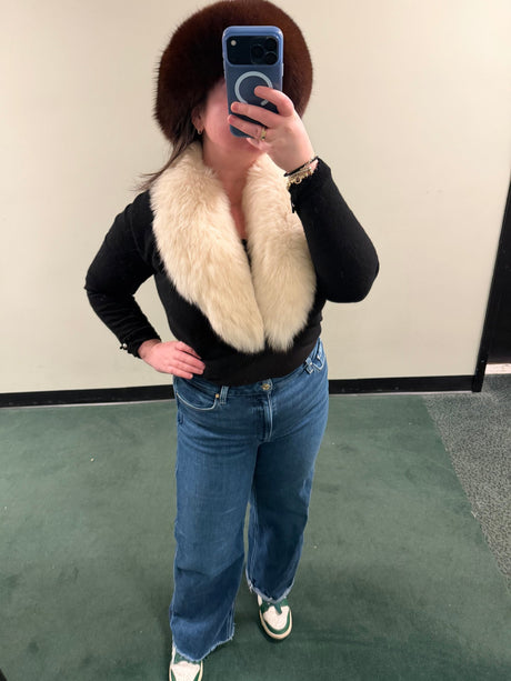 Vintage fox fur black sweater bolero with pearl details on sleeves