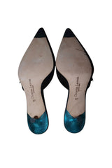 Christian Lacroix black satin heels with bow and blue rhinestone (37)