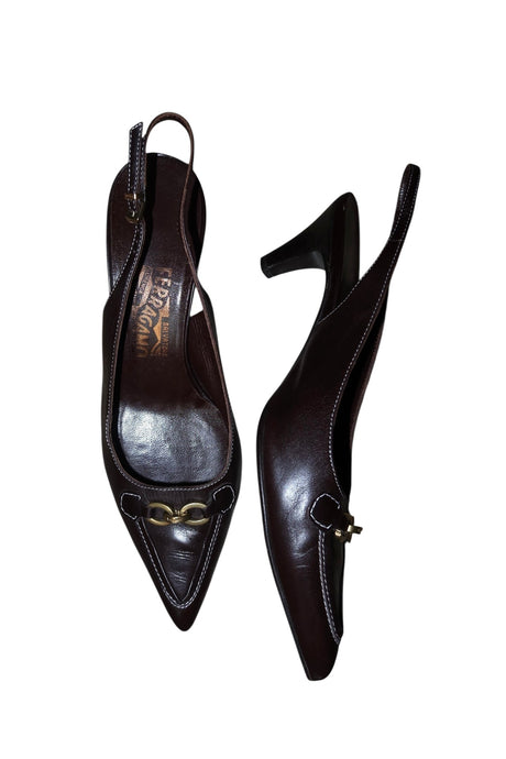 Salvatore Ferragamo brown slingback heels with gold accents (8.5B)