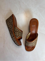 Coach US 7 Tan Brown Monogram Canvas Wedge Slide Sandal