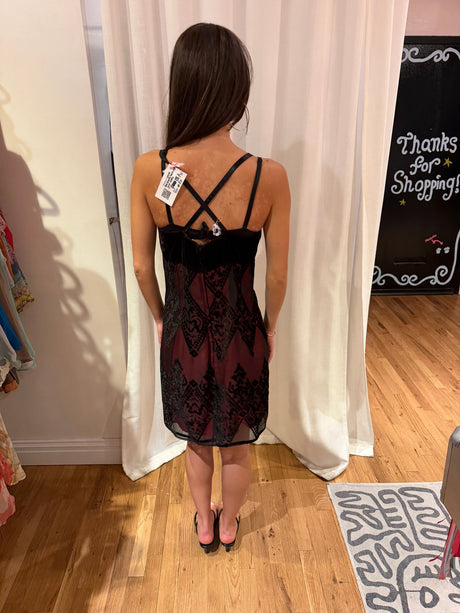 Velvet burgundy burn out mini dress