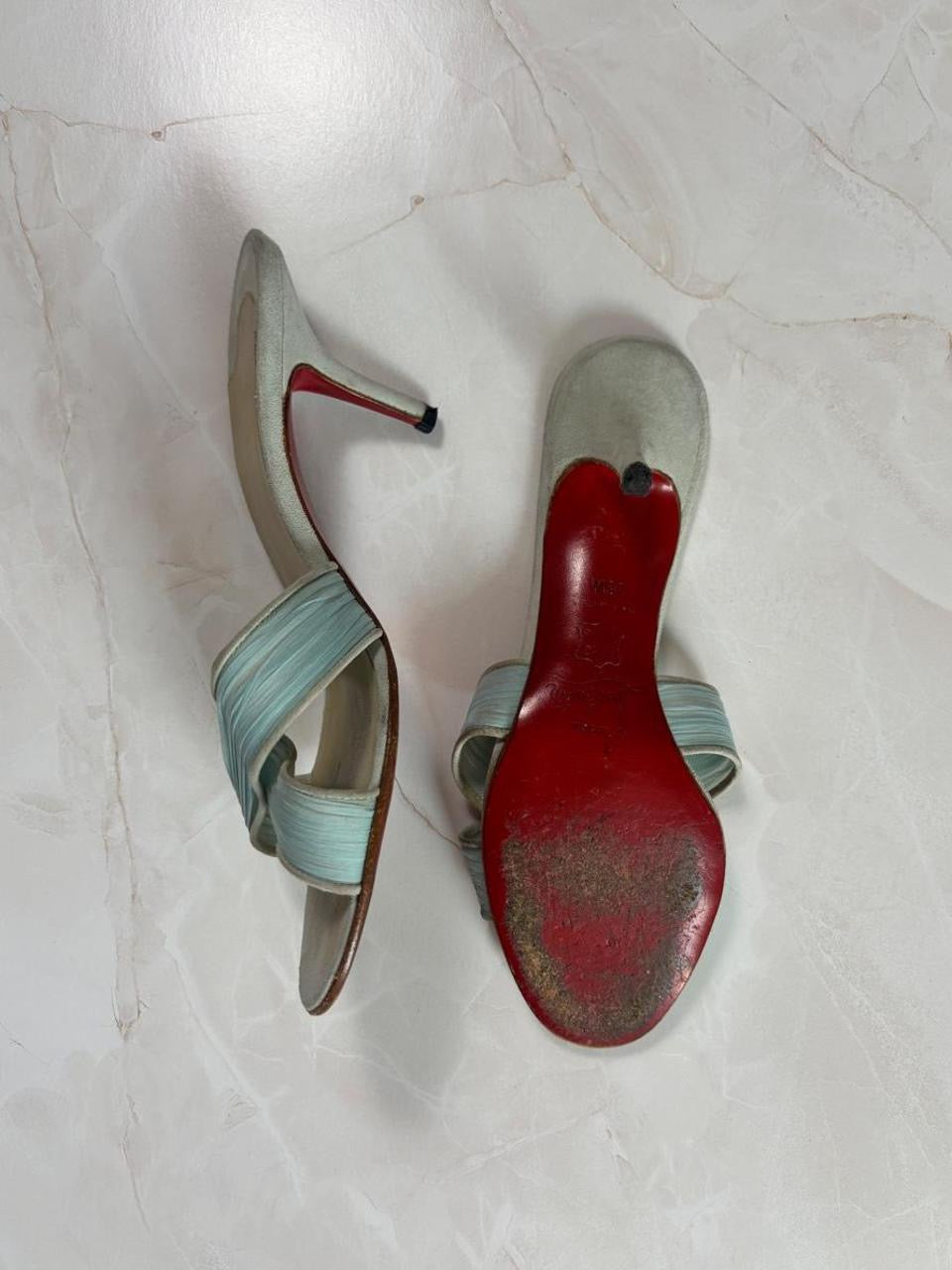 EU 36.5 Louboutin Light Blue Pleated Crisscross Mule Sandal