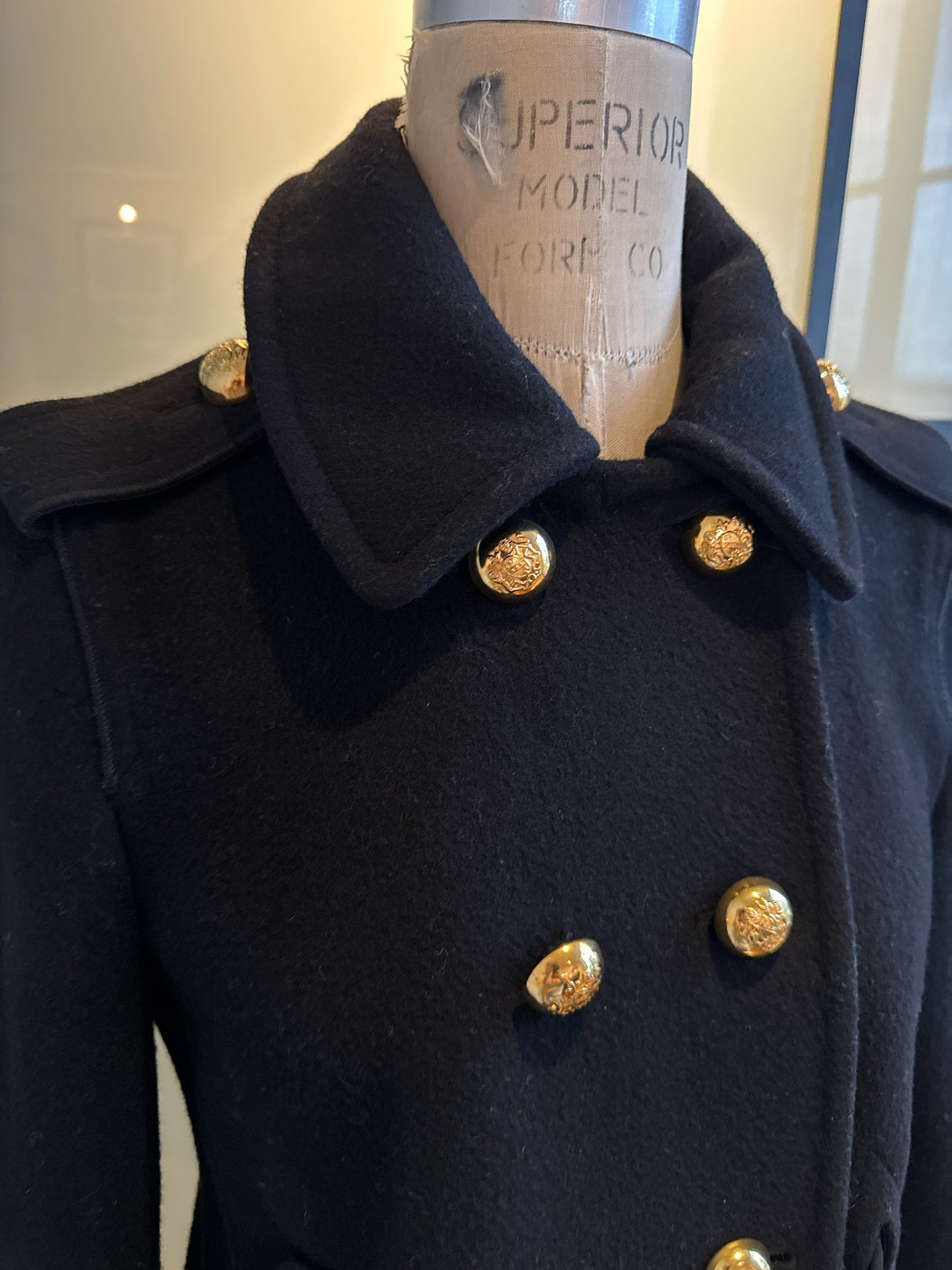 Moschino Black Wool Taffeta Ruffle Pea Coat