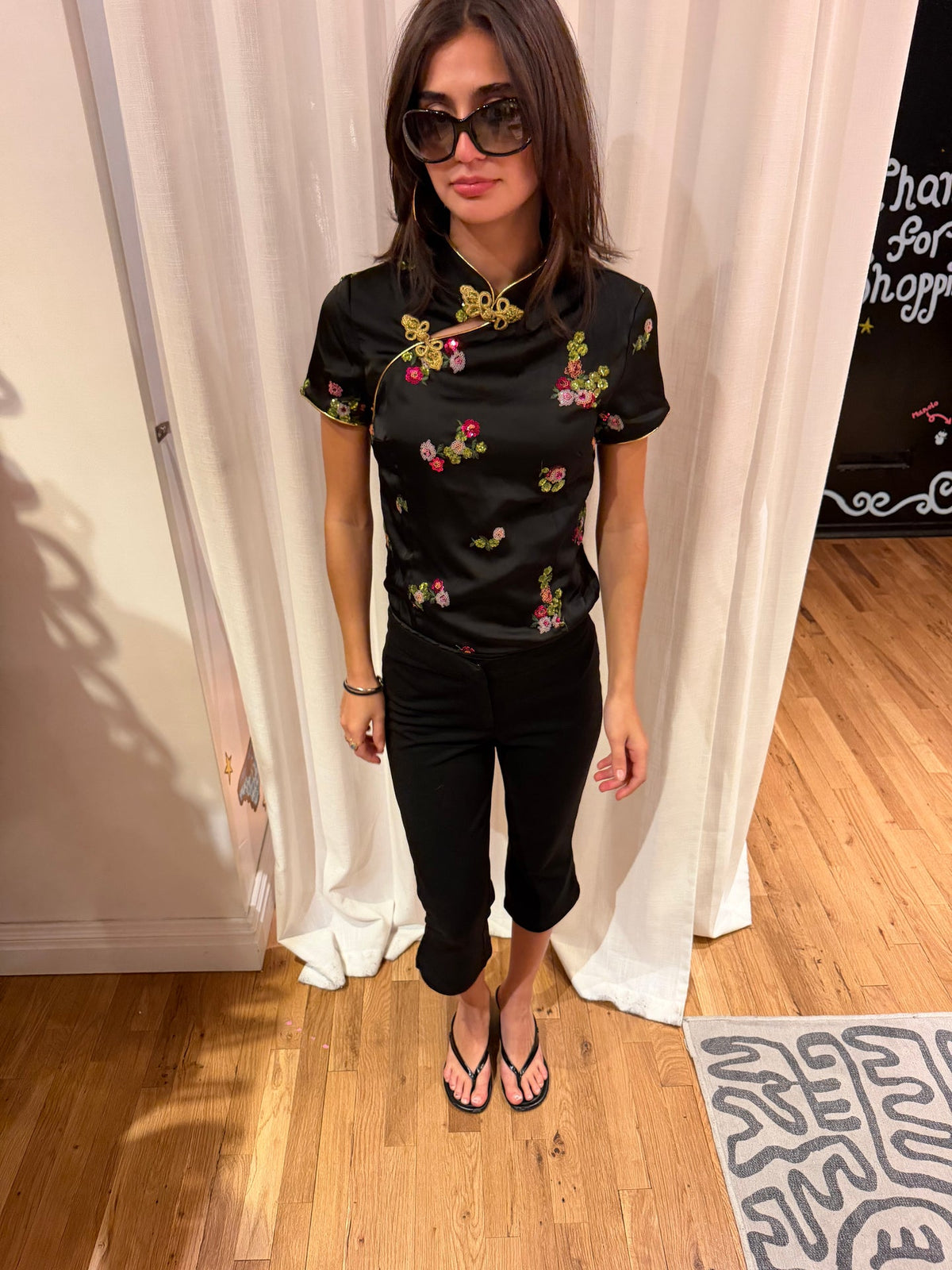Black tang style top with floral details tuv #125678