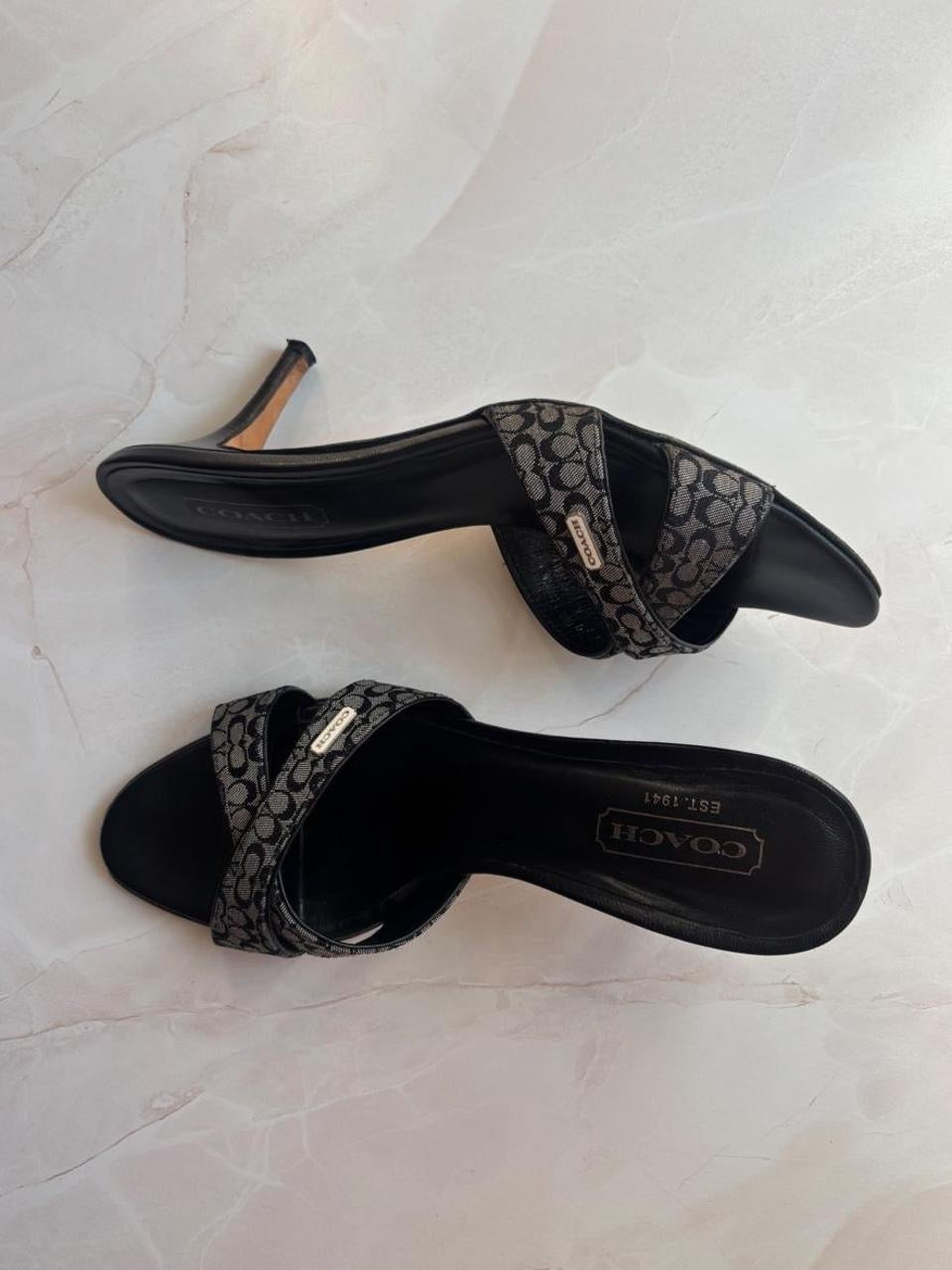 Coach US 7.5 Black Monogram Jacquard Mule