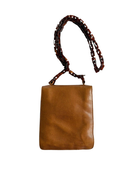 Prada brown leather messenger bag with tortoise chain