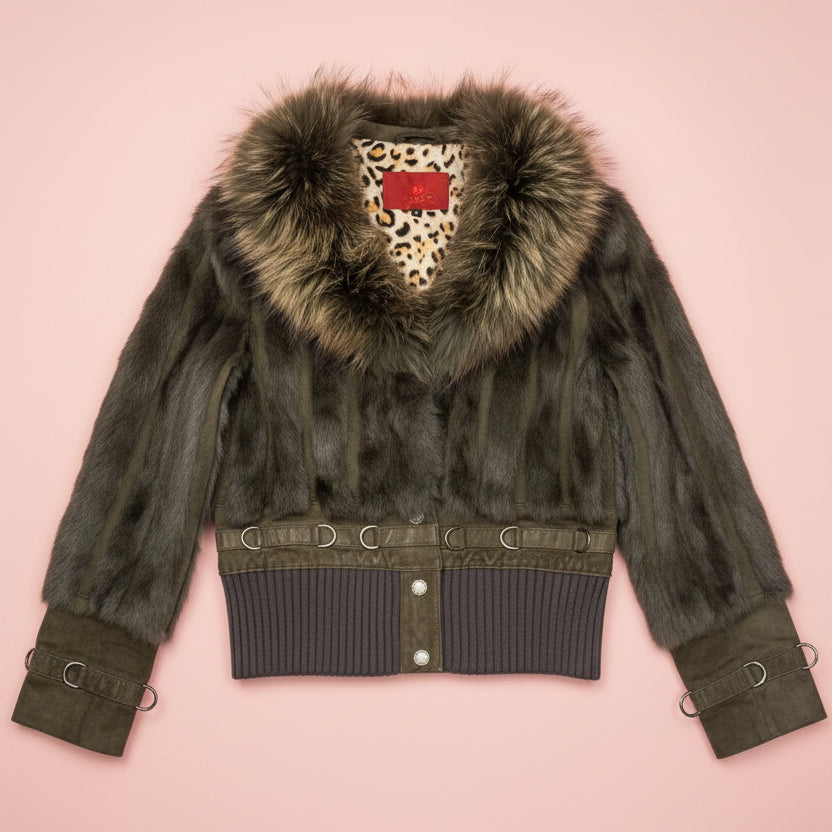 Olive Green Fur Trim Cropped Jacket with D-Ring Details Outerwear