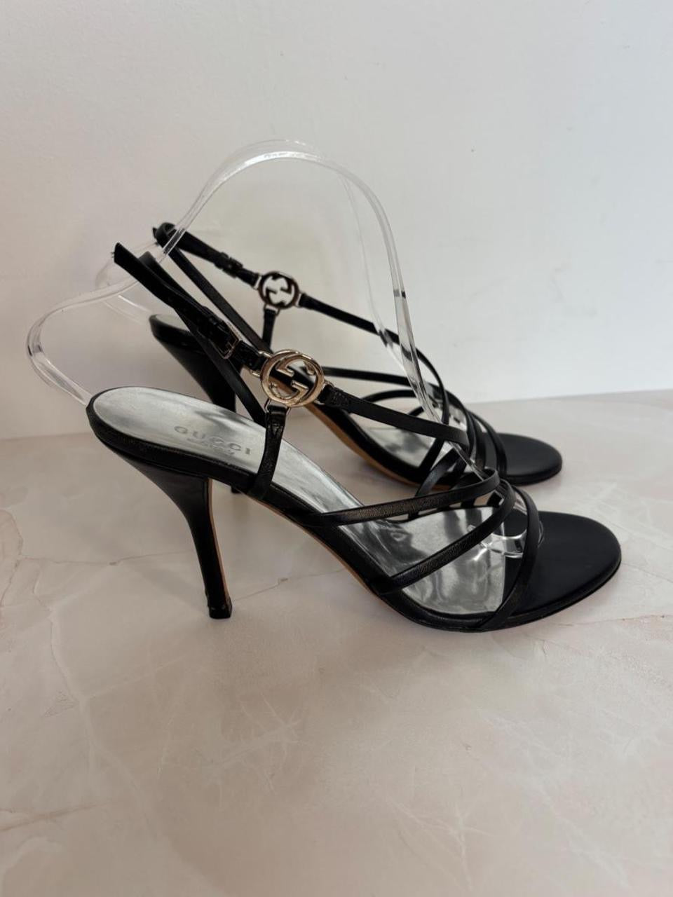 Gucci EU 38.5 Black Leather Strappy Slingback Sandal