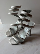 René Caovilla EU 37 Silver Satin Snake Coil Ankle Wrap Stiletto Sandal