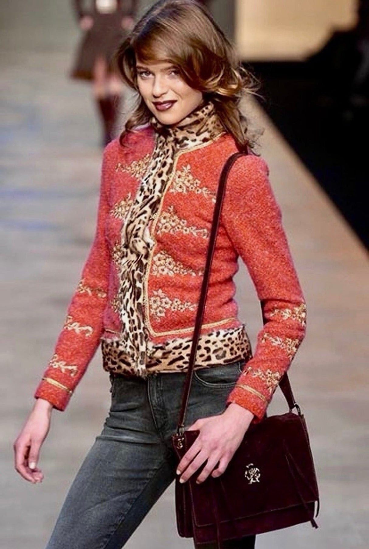 Archival Runway Fall/Winter 2004 Blumarine Coral Wool Jacket with Cheetah Print Pony Hair Accents