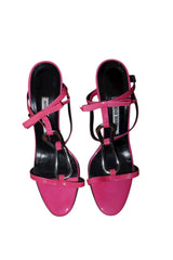 Manolo Blahnik hot pink heels with geometric hardware and bow details (39.5)