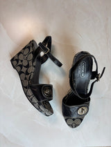 Coach US 9.5 Signature Canvas Wedge Sandal with Ankle Strap
