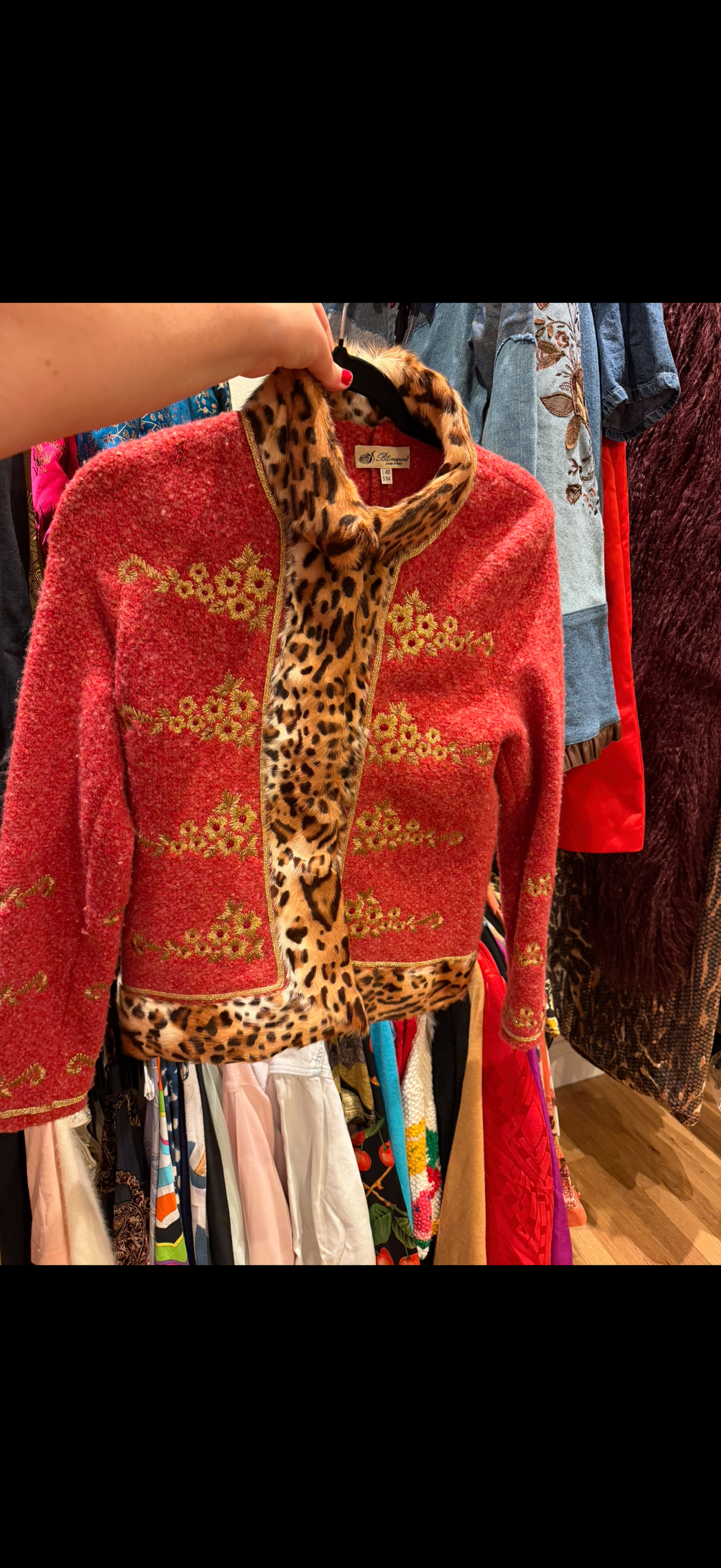 Archival Runway Fall/Winter 2004 Blumarine Coral Wool Jacket with Cheetah Print Pony Hair Accents