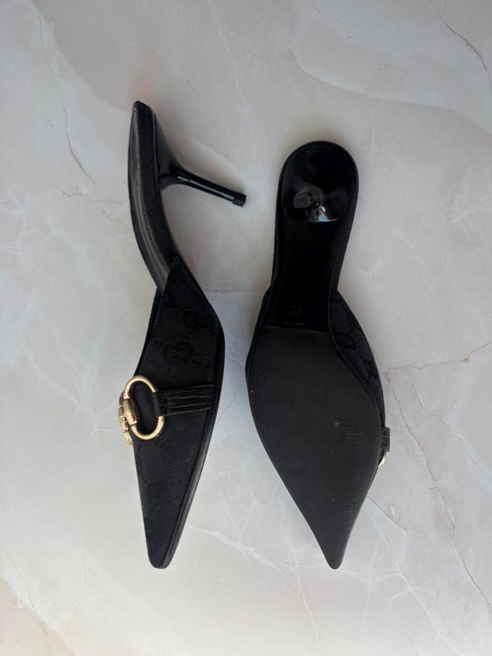 Gucci US 6 Black GG Monogram Canvas Pointed Toe Mule
