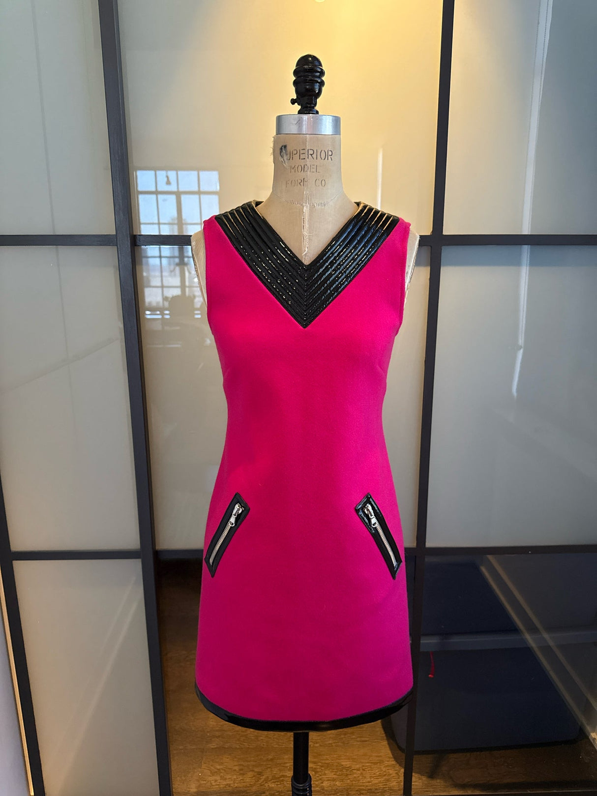 Moschino Pink & Black Wool & Faux Leather Trim Size 4  Dress