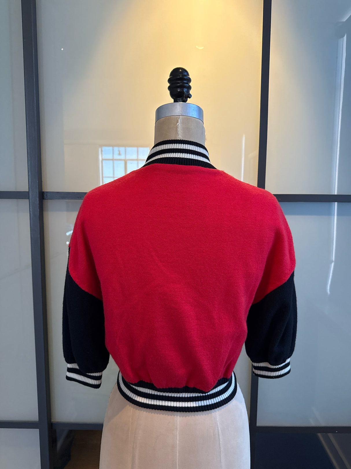 Moschino Size 6 Red & Black Wool Knit Cropped Bomber Jacket