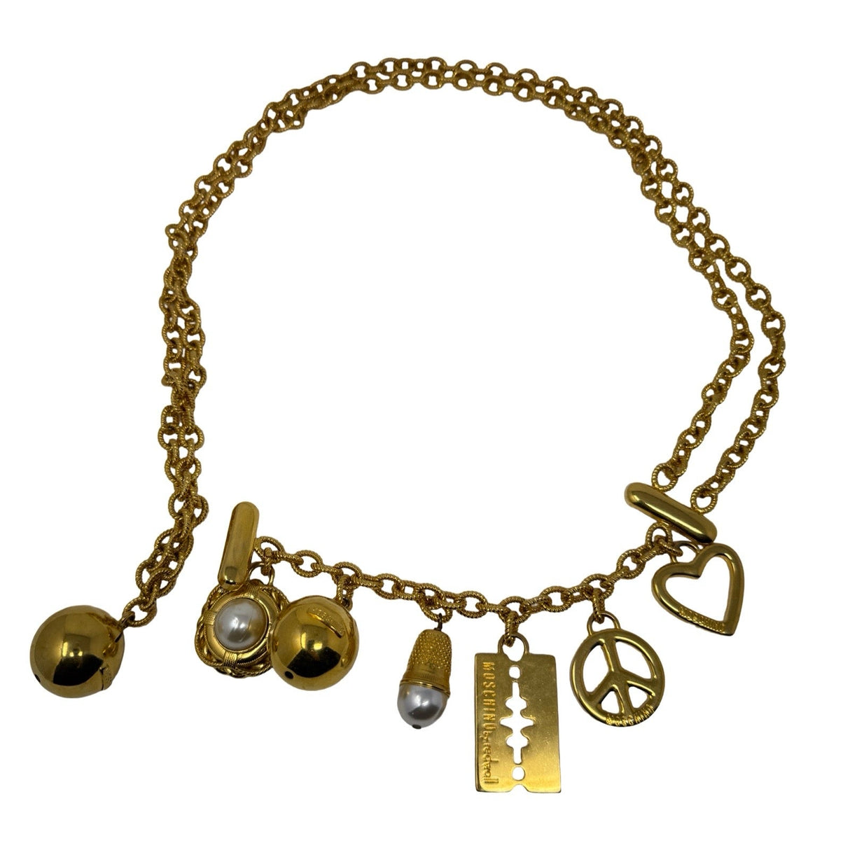 Moschino Gold Chain Charm Heart Razor Blade Timble Belt