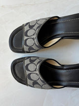 Coach US 10 Black Grey Monogram Canvas Wedge Slide Sandal