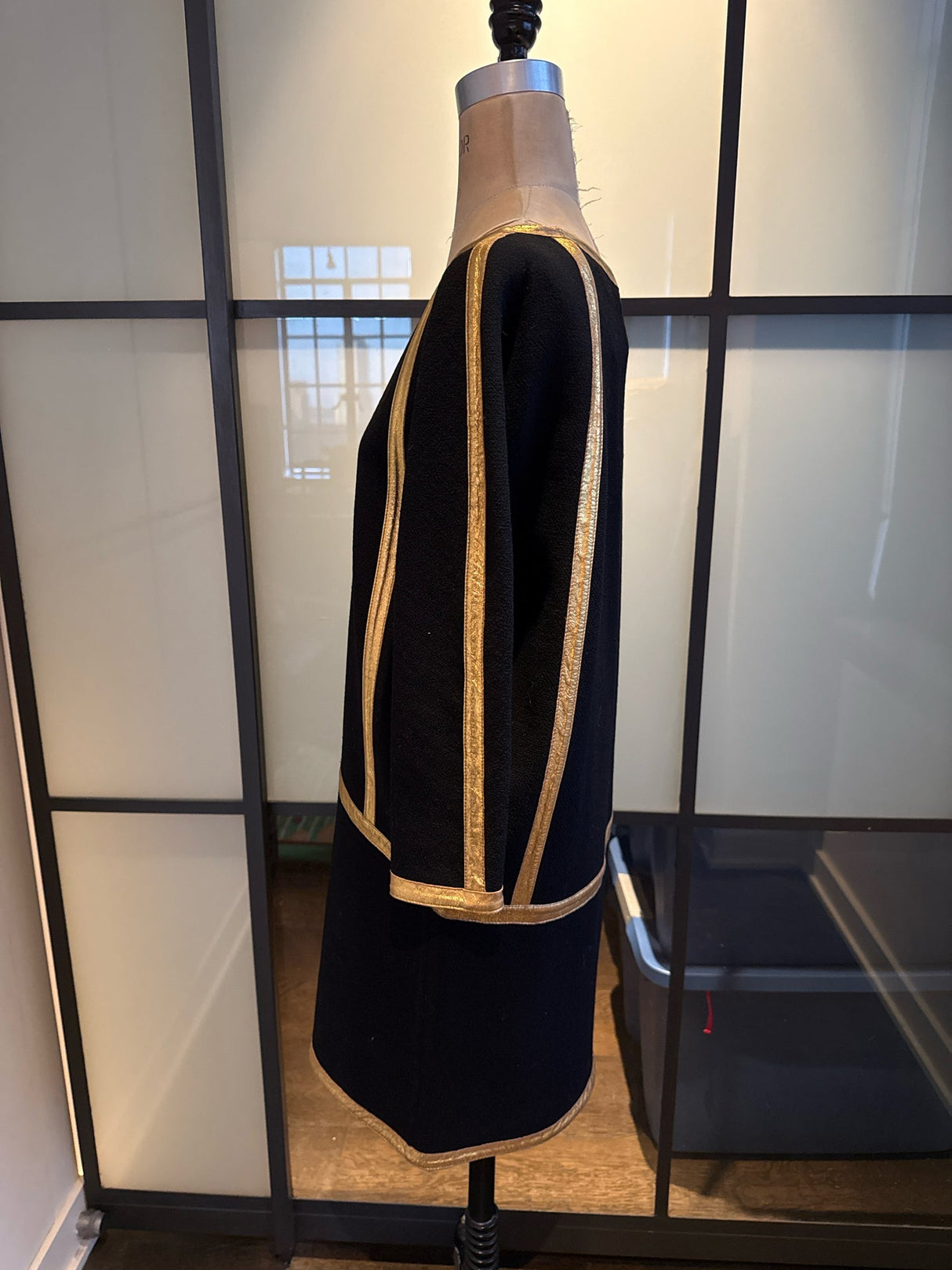 Donna Karan Black Wool Crepe Gold Leather Trim Dress